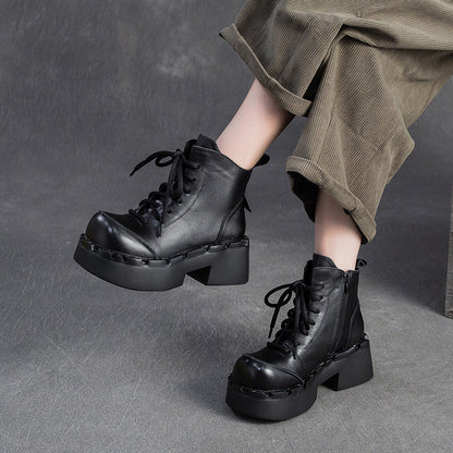 Women's Retro Leather Chunky Platform Ankle Boots