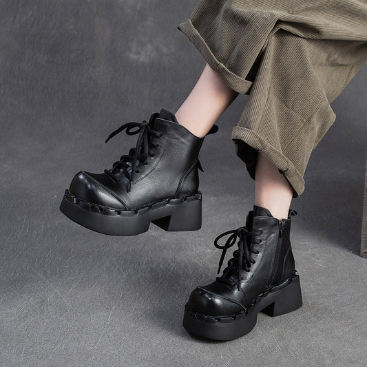Women's Retro Leather Chunky Platform Ankle Boots
