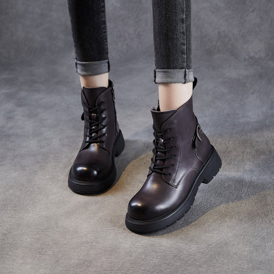 Women's Retro Plain Leather Buckle Ankle Boots