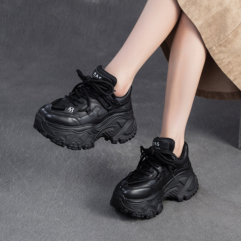 Women's Retro Plain Leather Chunky Platform Sneakers