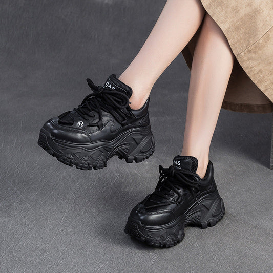 Women's Retro Plain Leather Chunky Platform Sneakers