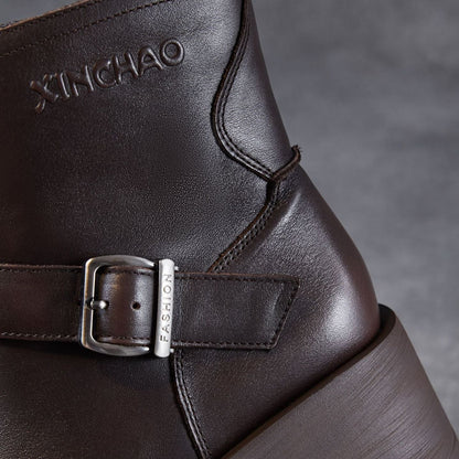 Women's Vintage Plain Leather Chunky Platform Ankle Boots