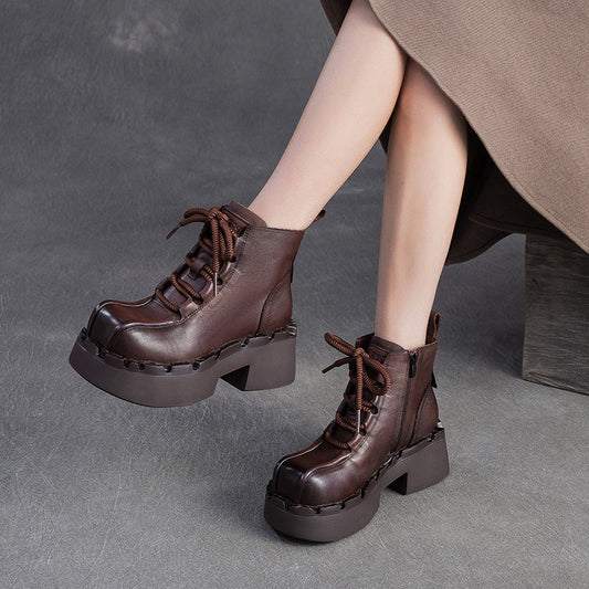 Women's Retro Leather Chunky Heel Boots