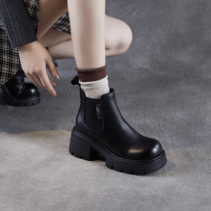 Women's Plain Leather Chunky Heel Slip-on Ankle Boots