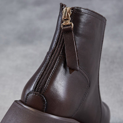 Women's Retro Plain Leather Ankle Platform Boots