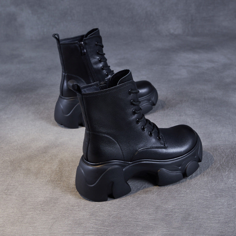 Women's Retro Plain Leather Chunky Platform Boots