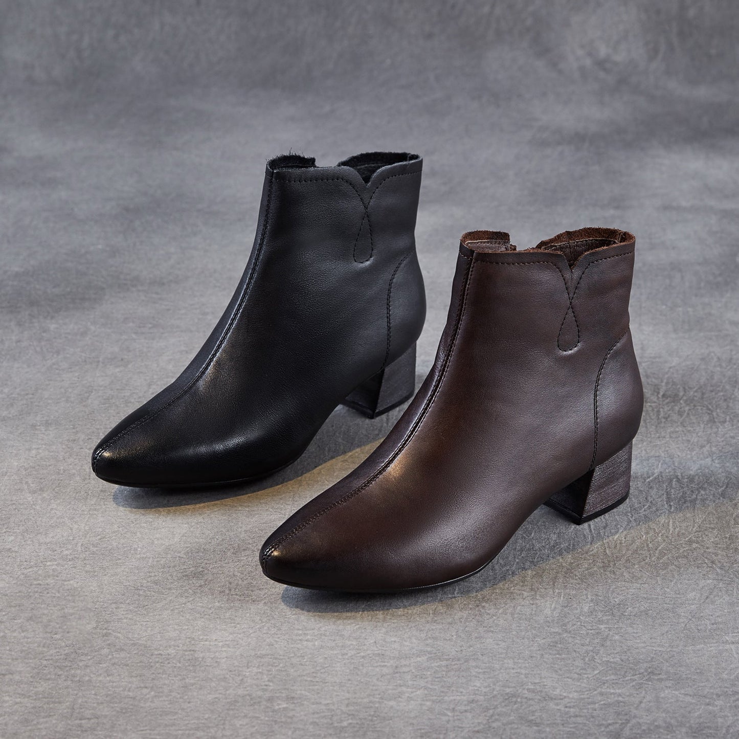 Women's Pointed-Toe Block-Heel Leather Ankle Boots