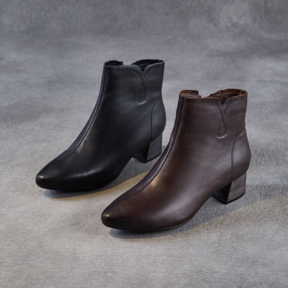 Women's Pointed-Toe Block-Heel Leather Ankle Boots