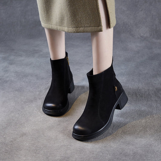Women's Vintage Leather Chunky Heel Ankle Boots