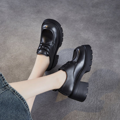 Women's Leather Lace-up Chunky Heel Loafers