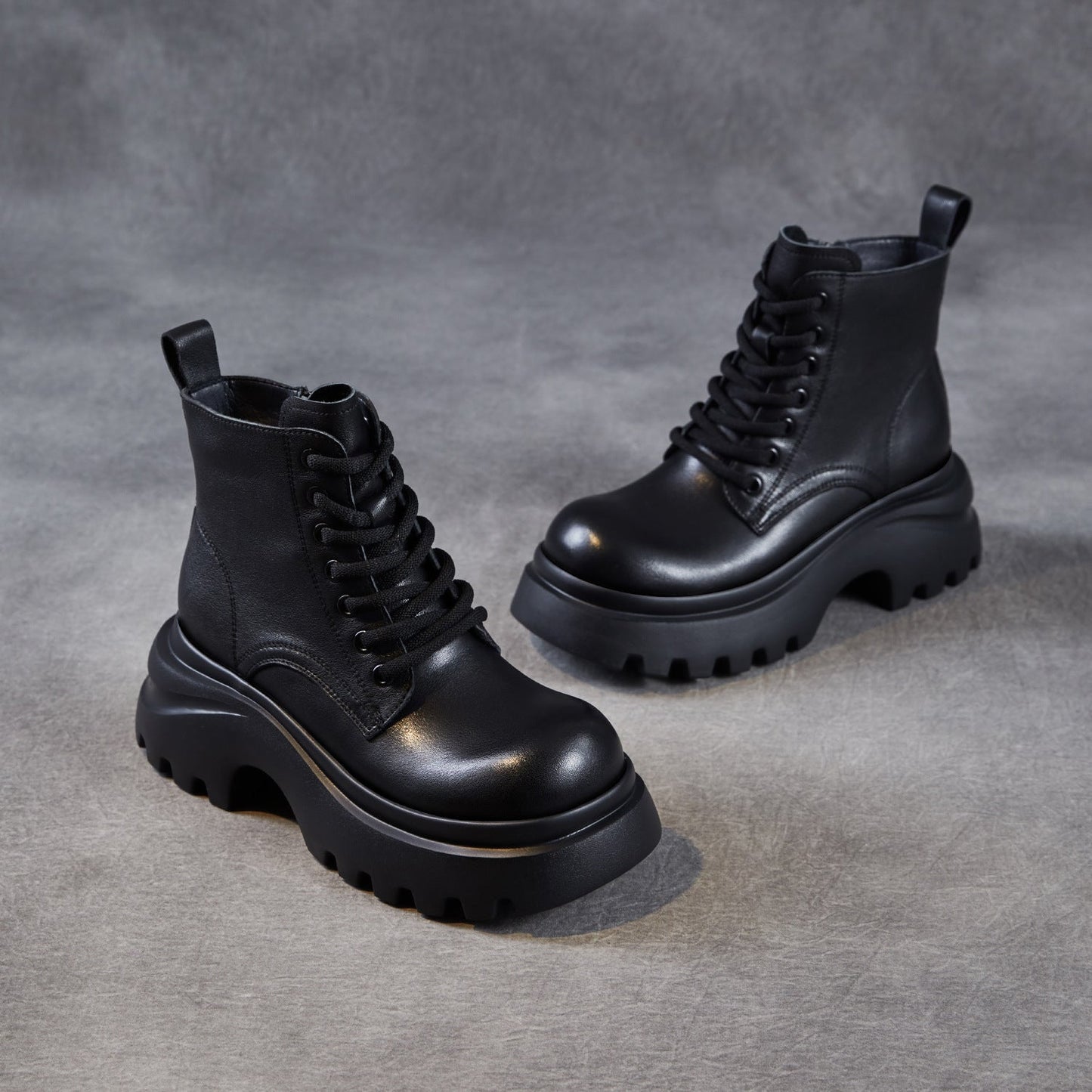Women's Retro Plain Leather Chunky Platform Boots