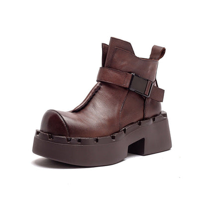 Women's Vintage Leather Buckle Platform Ankle Boots