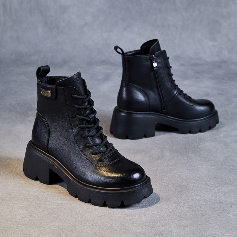 Women's Casual Plain Leather Platform Boots