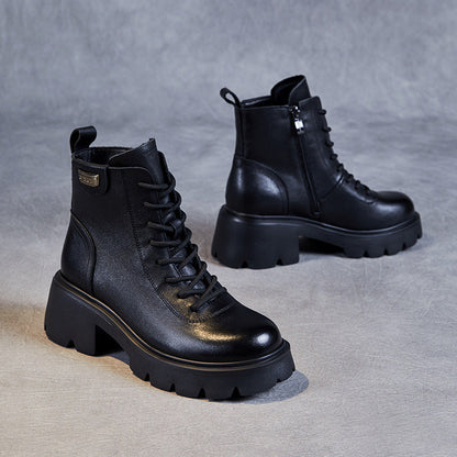 Women's Casual Plain Leather Platform Boots
