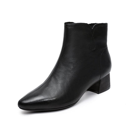 Women's Pointed-Toe Block-Heel Leather Ankle Boots-RAIIFY