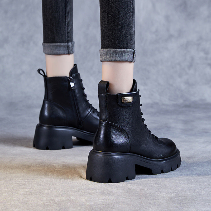 Women's Casual Plain Leather Platform Boots