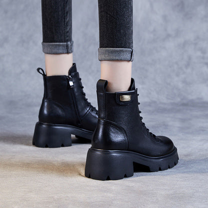 Women's Casual Plain Leather Platform Boots