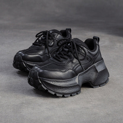 Women's Plain Quilted Leather Chunky Platform Sneakers-RAIIFY