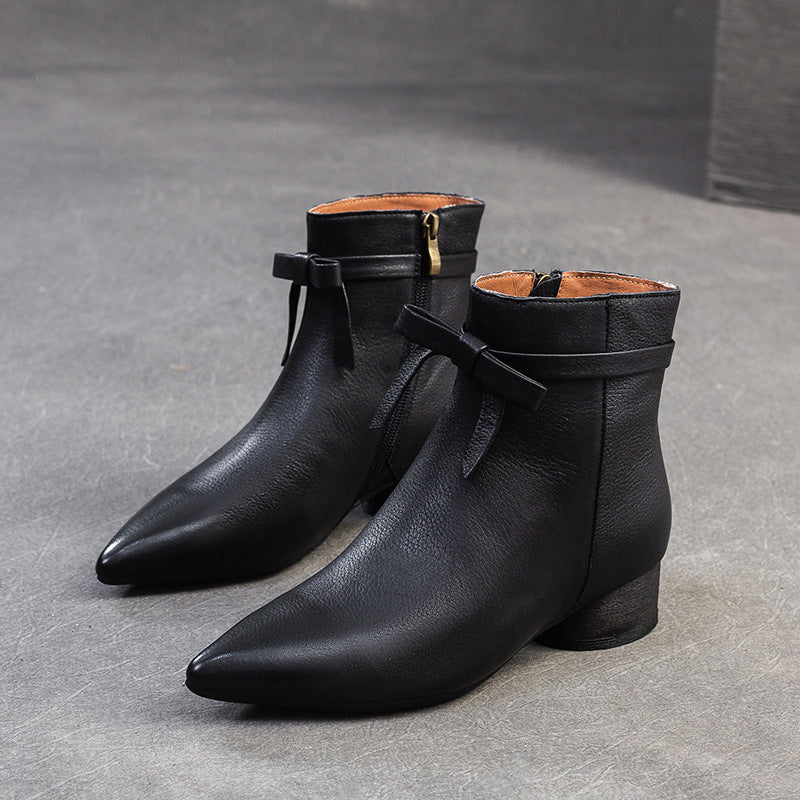 Women's Vintage Plain Leather Pointed Toe Ankle Boots-RAIIFY