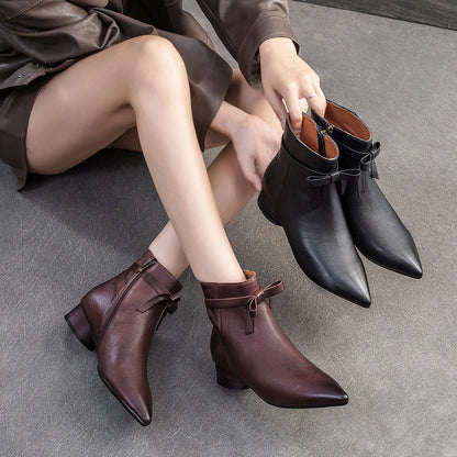 Women's Vintage Plain Leather Pointed Toe Ankle Boots