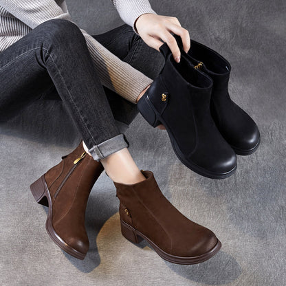 Women's Vintage Leather Chunky Heel Ankle Boots