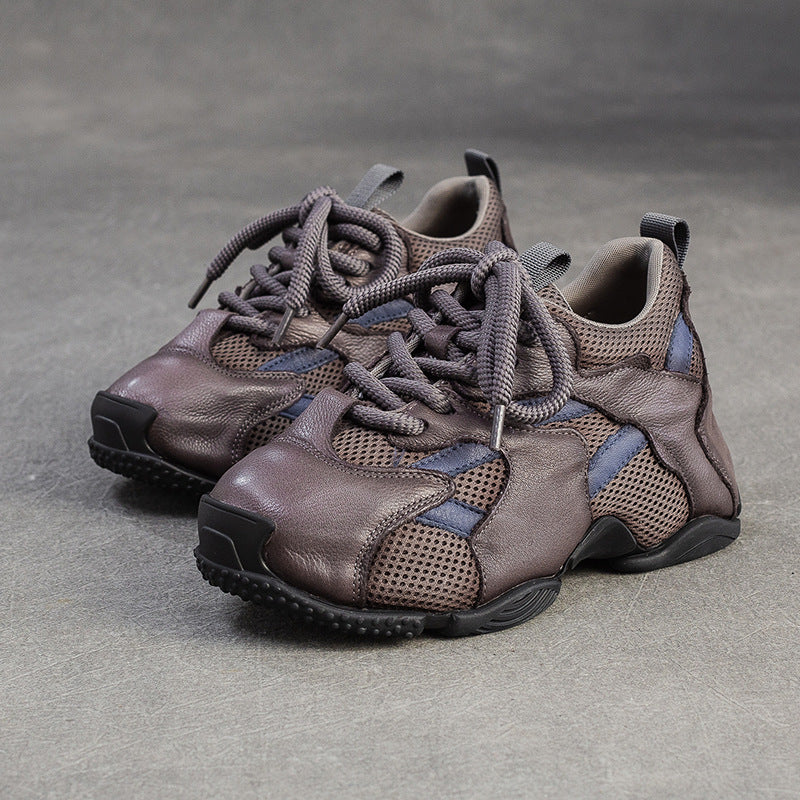 Women's Retro Breathable Mesh Leather Flat Casual Shoes-RAIIFY