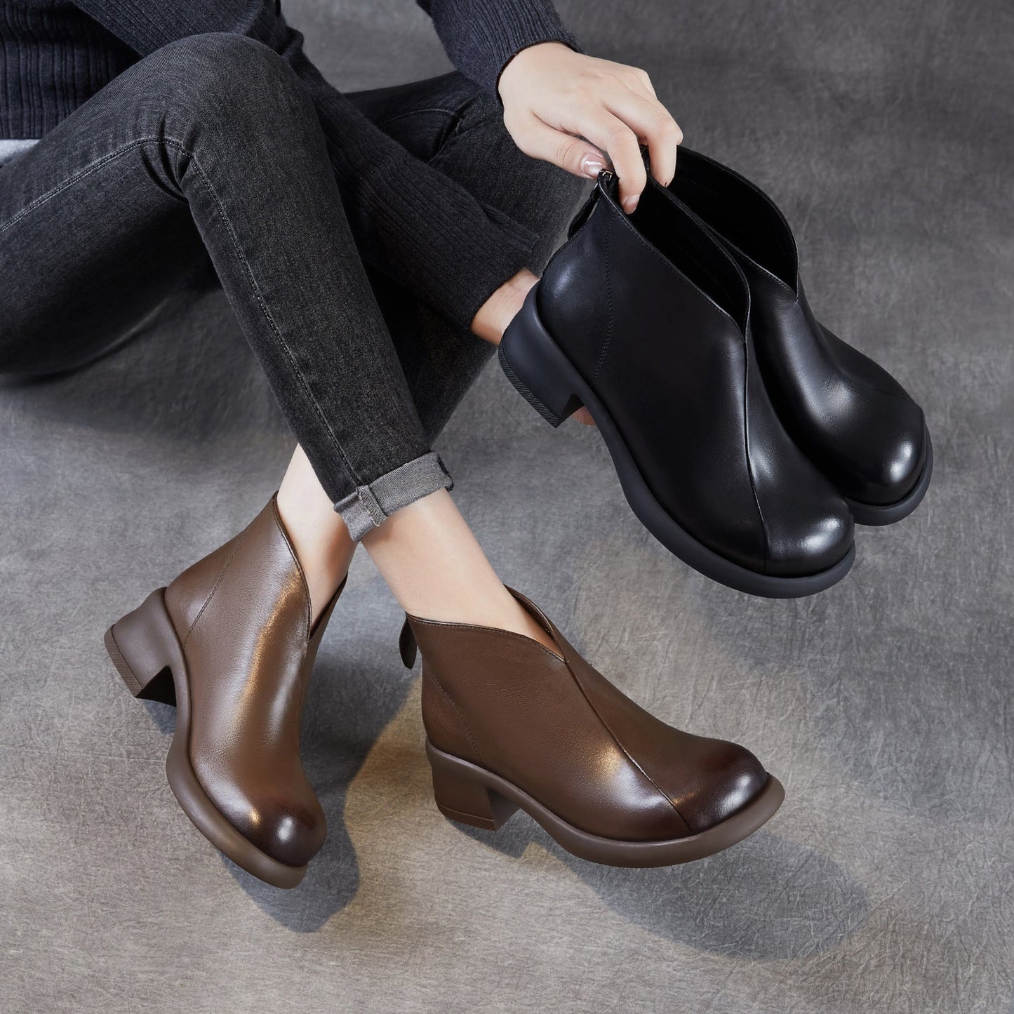 Women's Retro Plain Leather Low Block Ankle Boots