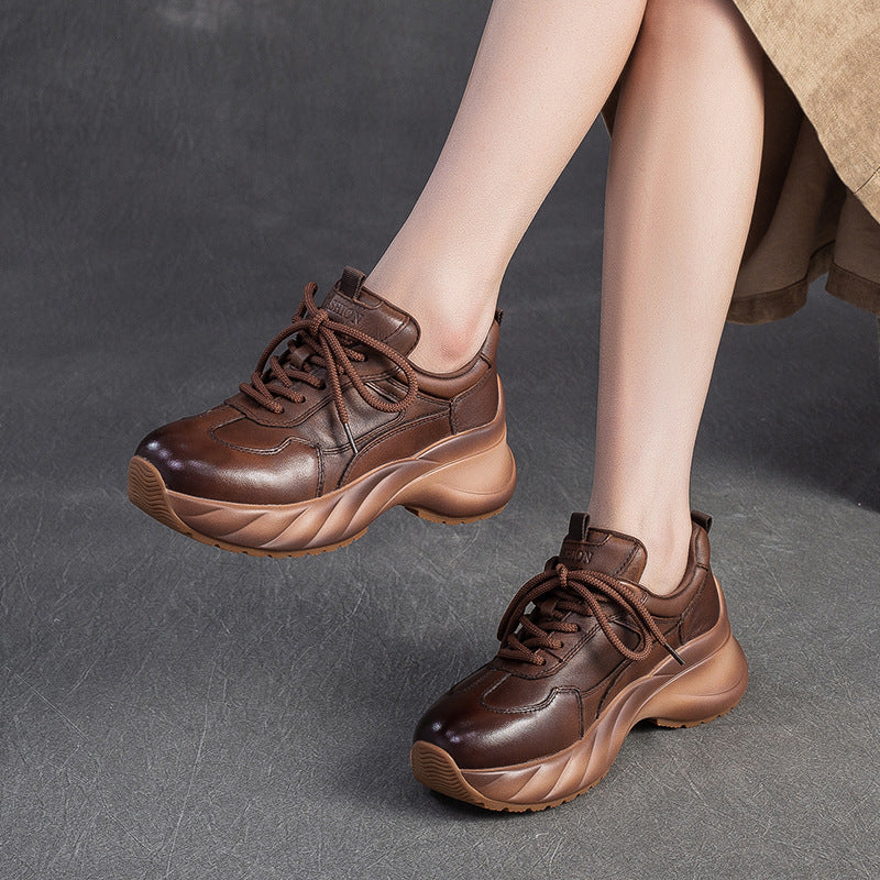Women's Minimalism Plain Leather Platform Casual Sneakers