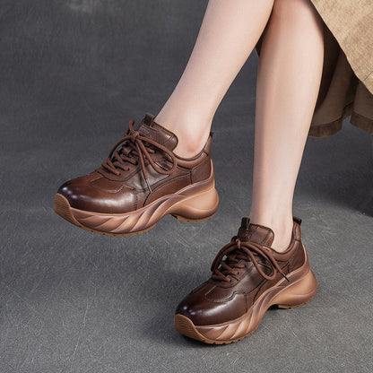 Women's Minimalism Plain Leather Platform Casual Sneakers