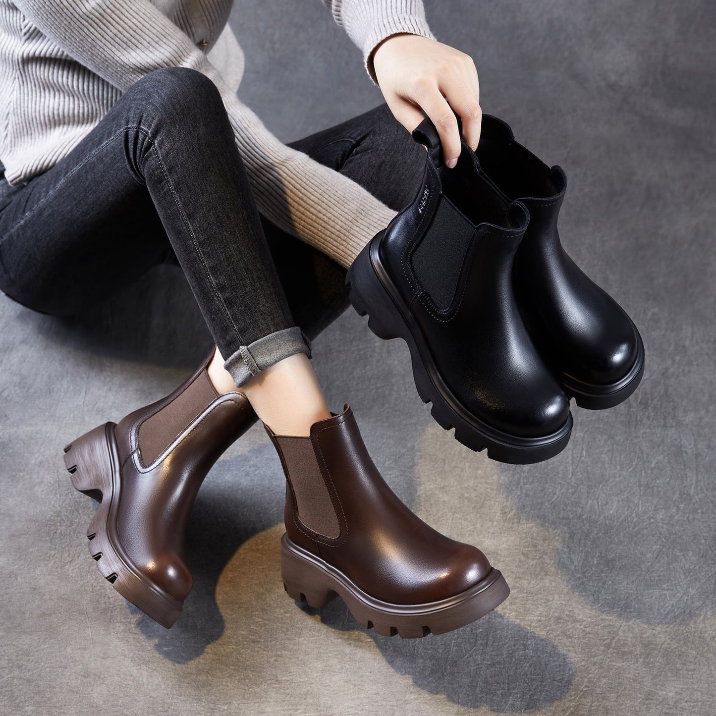 Women's Retro Leather Slip-on Platform Ankle Boots