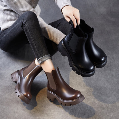 Women's Retro Leather Slip-on Platform Ankle Boots