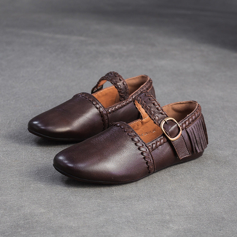 Women's Vintage Leather Tassel Soft Flats-RAIIFY