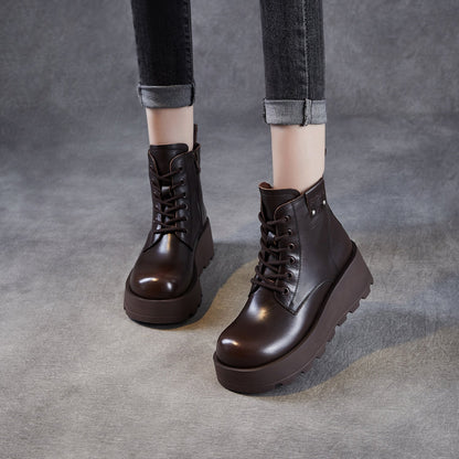 Women's Vintage Plain Leather Platform Boots