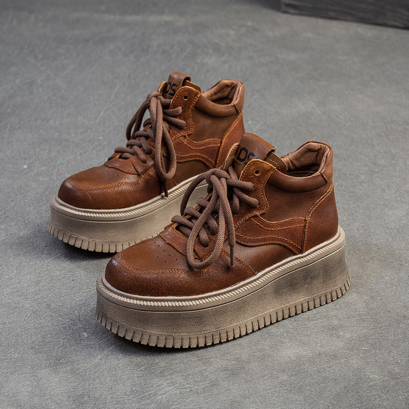 Women's Retro Leather High Top Platform Casual Shoes-RAIIFY