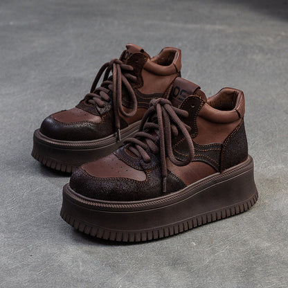 Women's Retro Leather High Top Platform Casual Shoes-RAIIFY