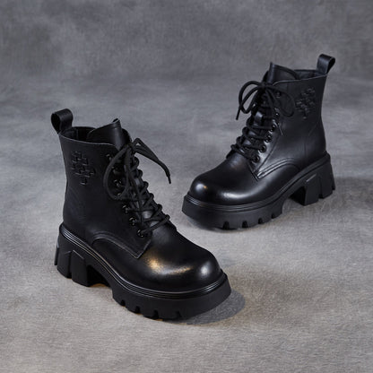 Women's Plain Embossed Leather Chunky Platform Boots