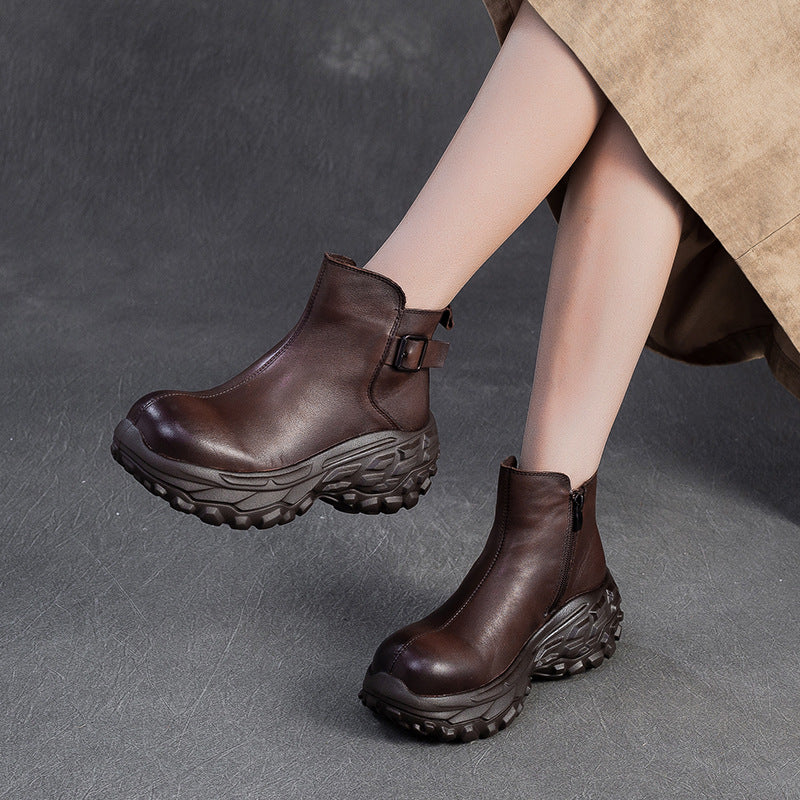 Women's Vintage Chunky-Sole Leather Ankle Boots