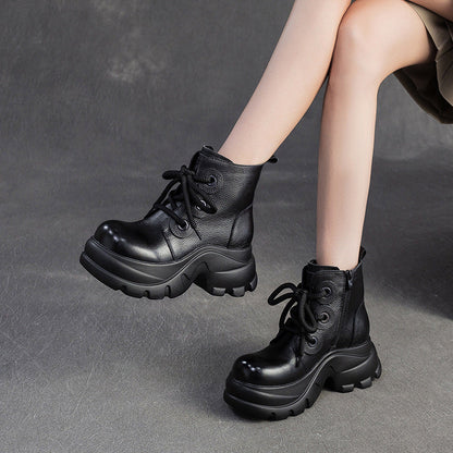Women's Retro Plain Leather Platform Motorcycle Boots