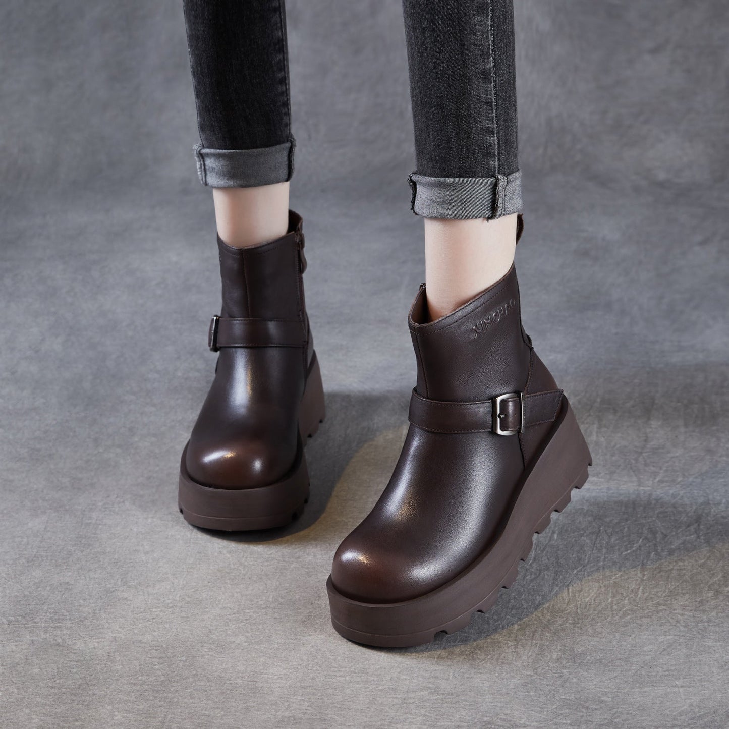 Women's Vintage Plain Leather Chunky Platform Ankle Boots