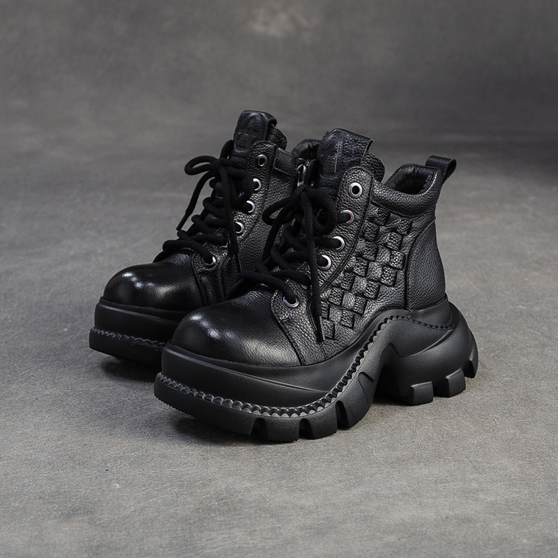 Women's Retro Woven Leather Comfort Platform Boots-RAIIFY
