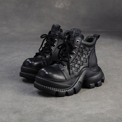 Women's Retro Woven Leather Comfort Platform Boots-RAIIFY