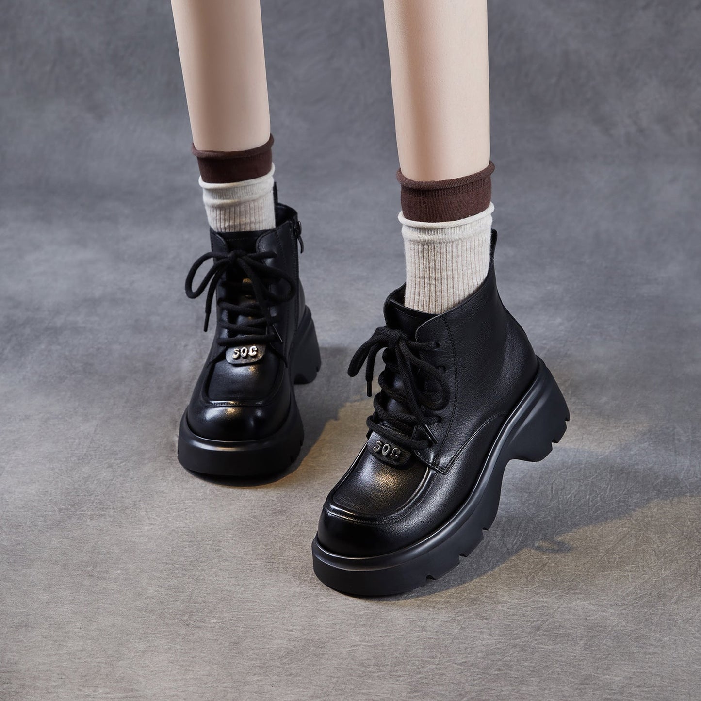 Women's Retro Plain Leather Comfort Platform Ankle Boots