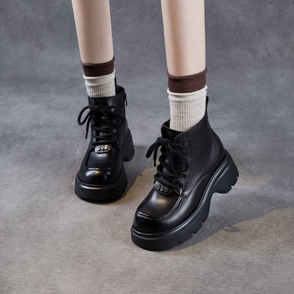 Women's Retro Plain Leather Comfort Platform Ankle Boots
