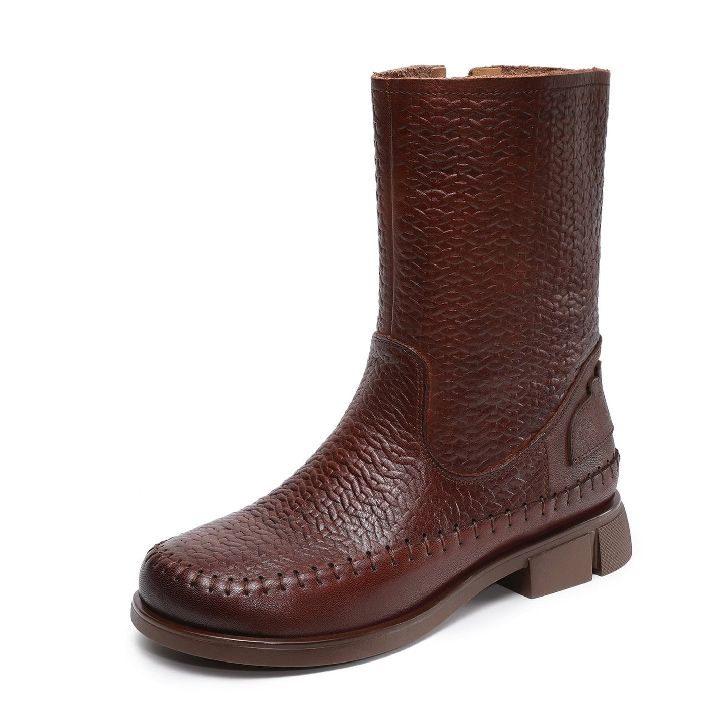 Women's Vintage Woven Embossing Leather Mid-Calf Boots-RAIIFY