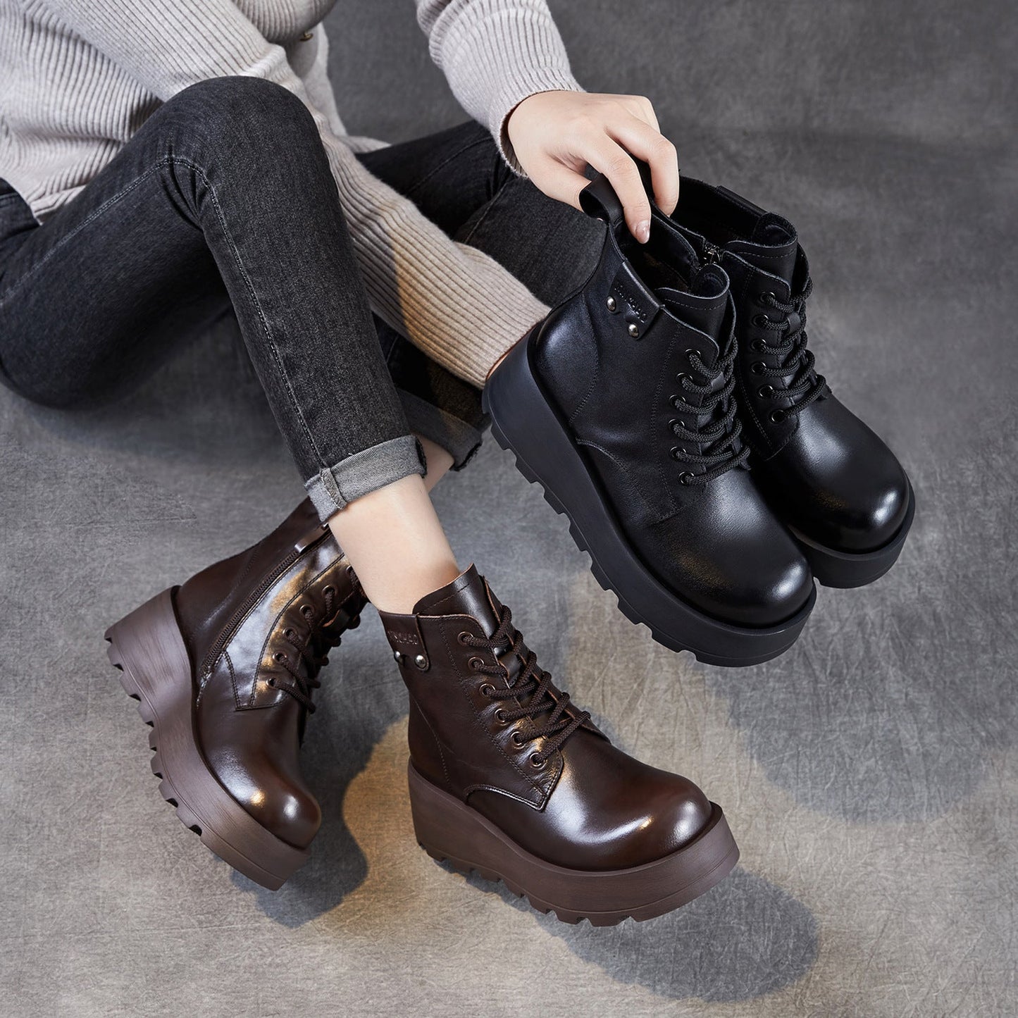 Women's Vintage Plain Leather Platform Boots