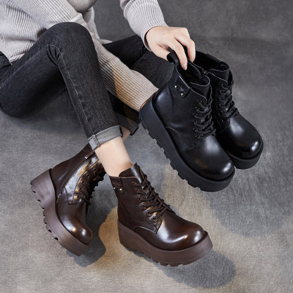 Women's Vintage Plain Leather Platform Boots