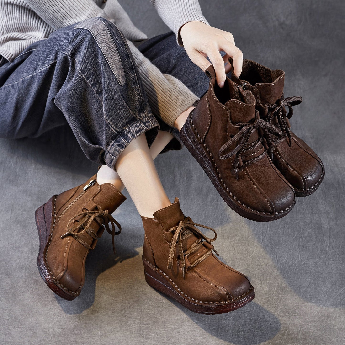Women's Retro Plain Leather Wedge Ankle Boots