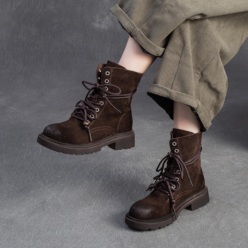 Women's Vintage Plain Leather Casual Lace-up Boots