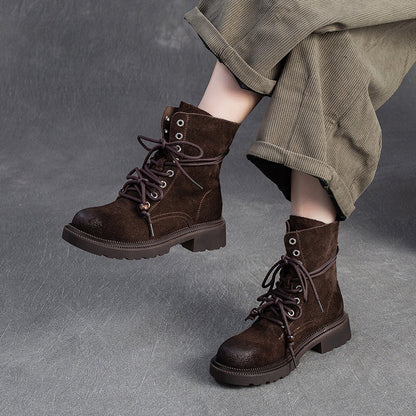 Women's Vintage Plain Leather Casual Lace-up Boots