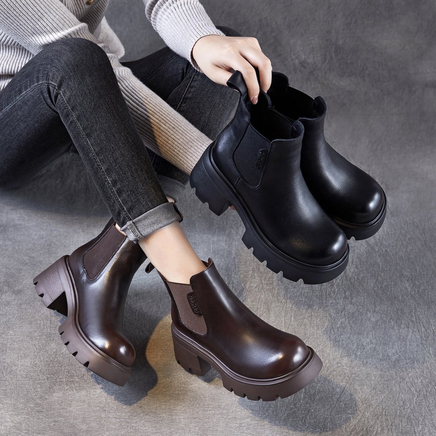 Women's Plain Leather Chunky Heel Slip-on Ankle Boots